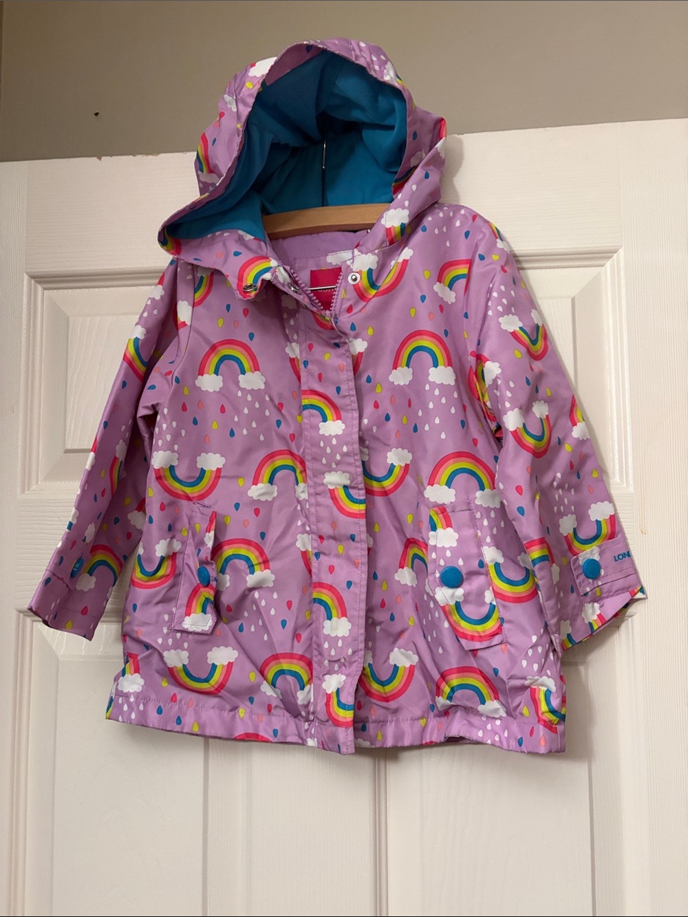 London Fog Lavender Hooded Raincoat with Rainbow Print